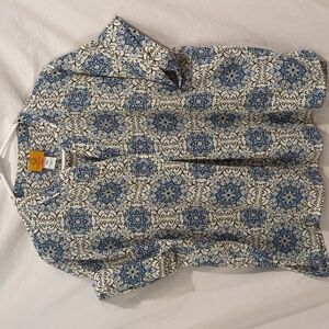 Ruby Rd. | Pullover Casual Top Blue Medallions Short Sleeves Side Slits |MP
